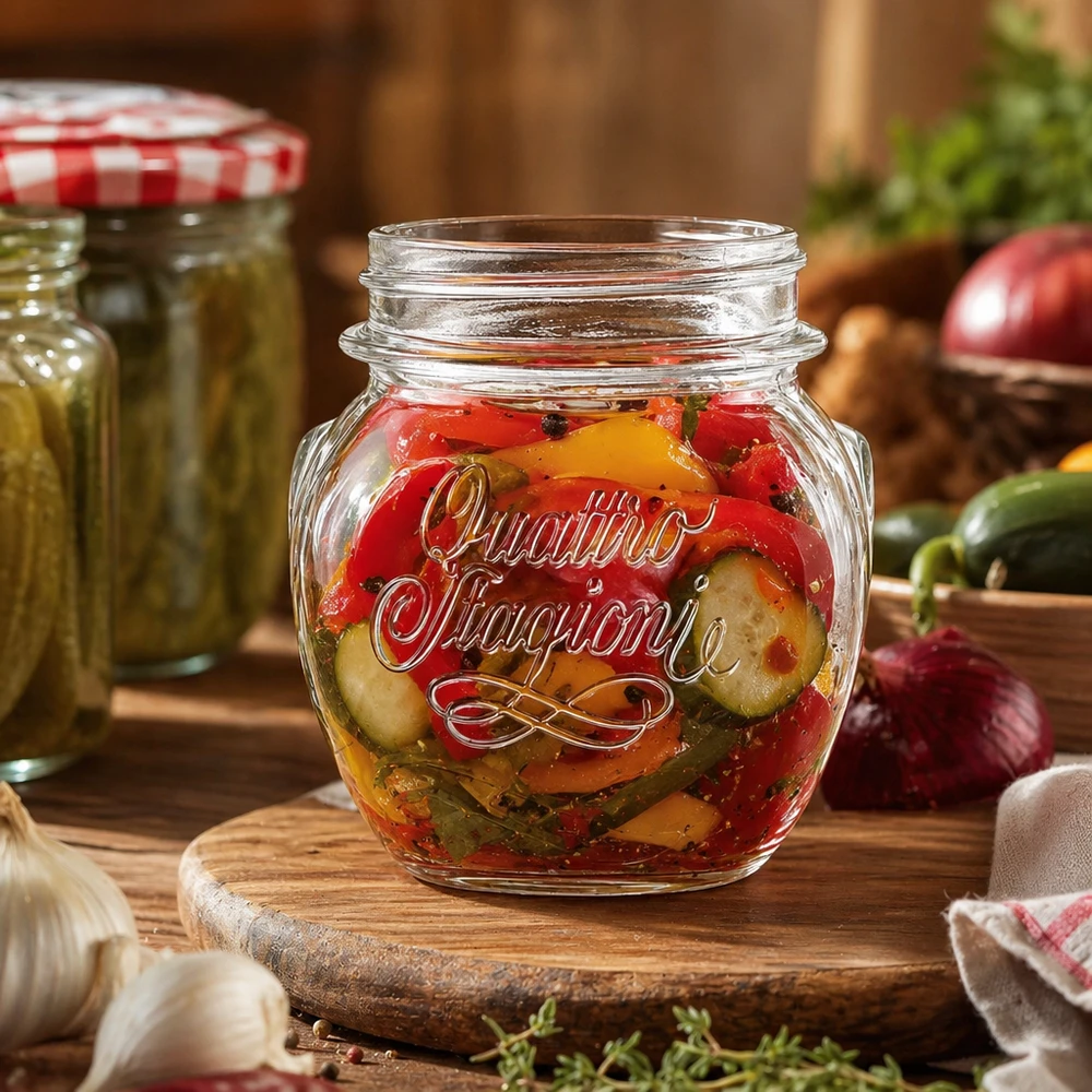 300ml Quattro Stagioni Pot de conservation avec légumes marinés sur planche en bois dans une cuisine rustique
