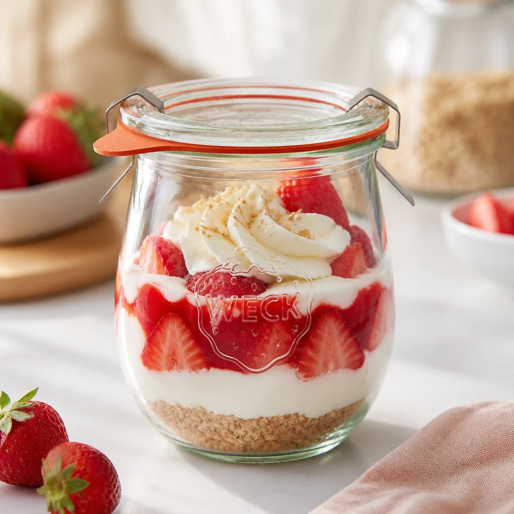 220ml bocal tulipe complet WECK RR60 WECK Pot tulipe 220ml RR60 avec dessert à la fraise Dessert stratifié Yaourt et fond de biscuit utilisé comme verre à dessert
