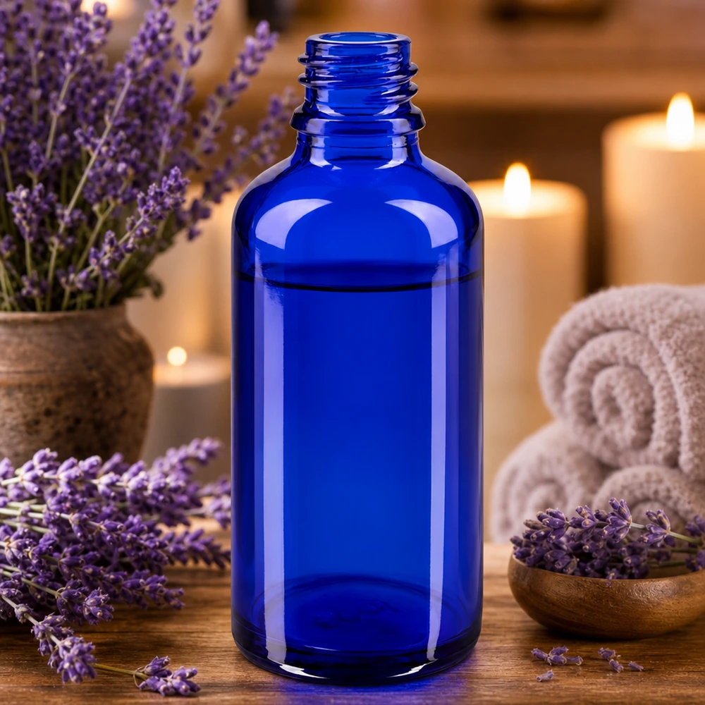 Bouteille professionnelle en verre bleu ApoGlas de 50 ml avec large ouverture pour un remplissage facile