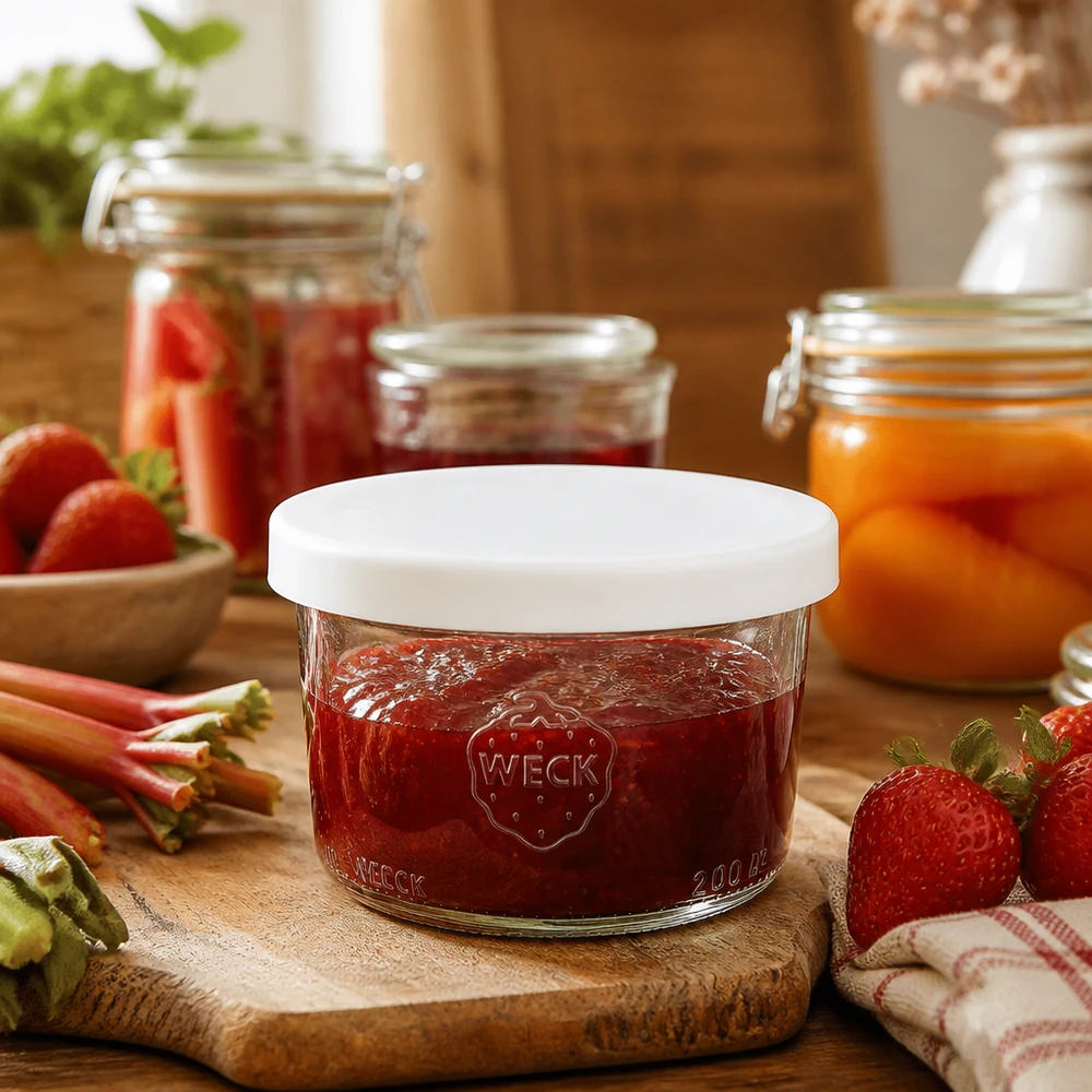 WECK RR80 Pot renversé 200ml avec confiture de fraises et couvercle en silicone blanc dans une cuisine rustique avec des fruits frais