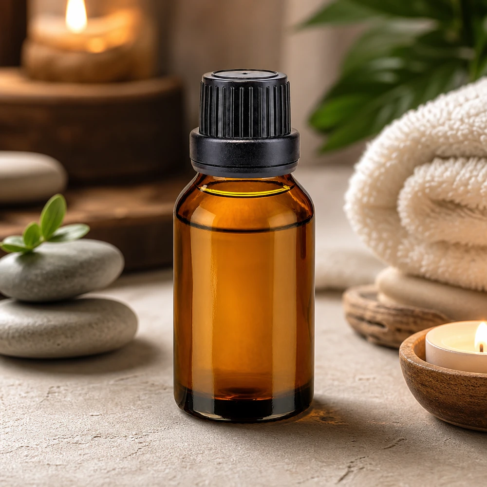 Flacon en verre ambré pour aromathérapie de 15 ml avec bouchon à vis noir, entre des pierres de massage et des bougies