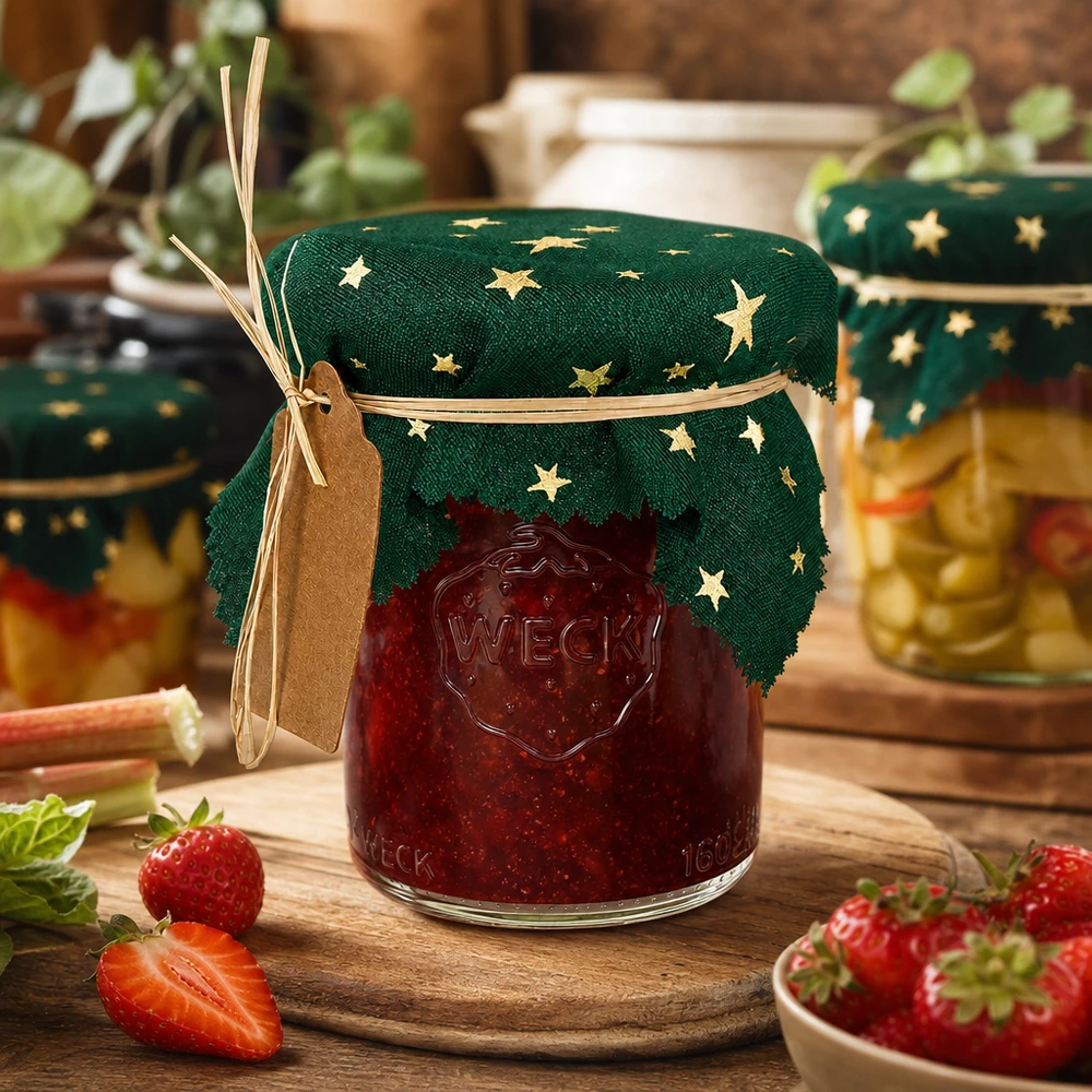 Couvercle vert étoilé 12cm carré sur pot de confiture de fraises, scène de cuisine rustique avec fraises fraîches