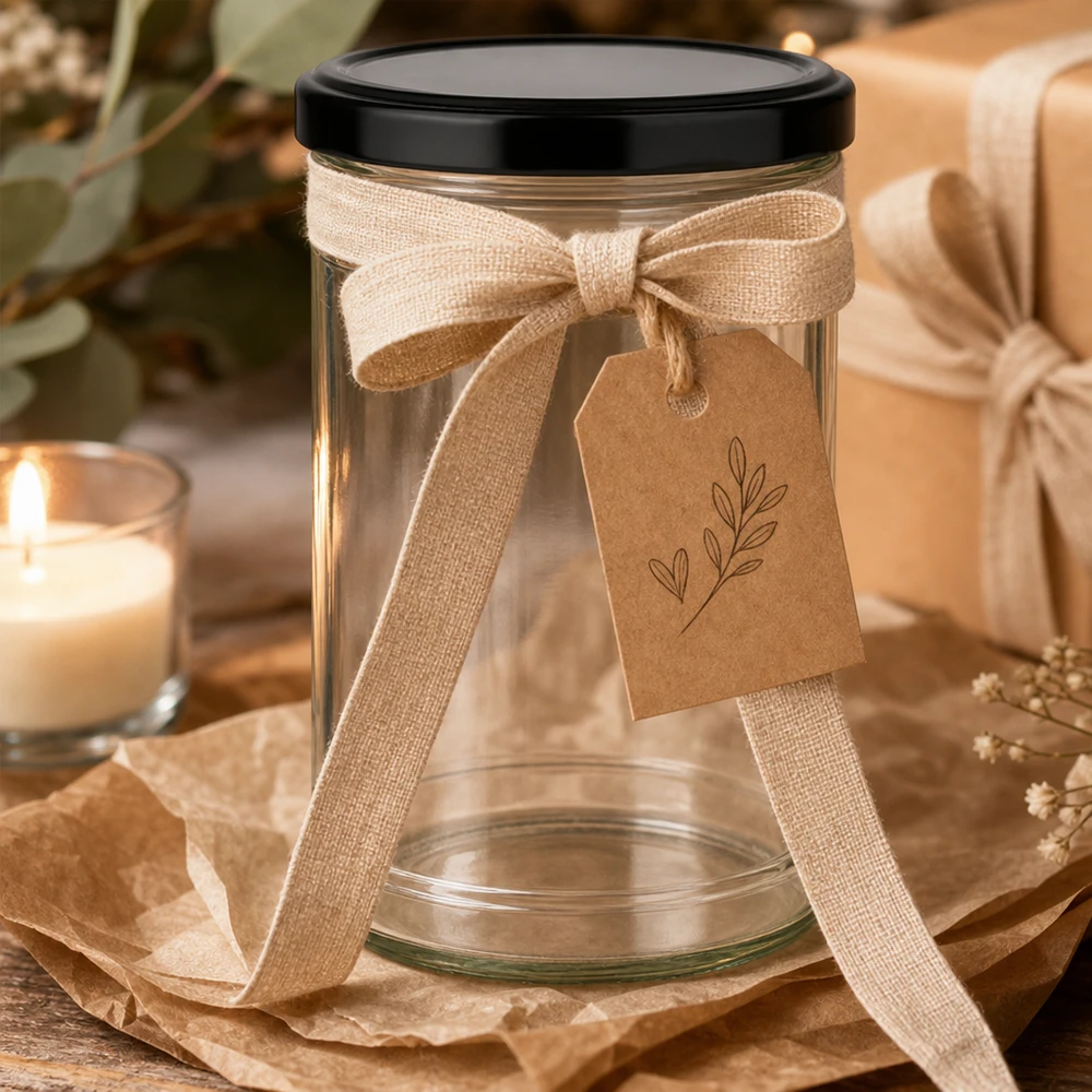 1053ml verre renversé avec couvercle noir comme emballage cadeau décoré avec un ruban et un pendentif en papier kraft