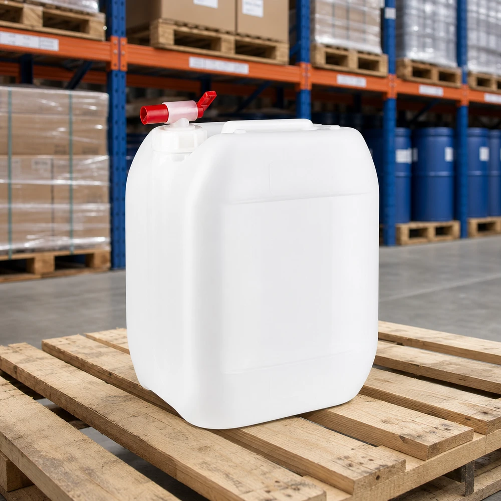 Bidon de stockage blanc de 10 litres muni d'un robinet de vidange rouge, posé sur une palette en bois dans un entrepôt industriel