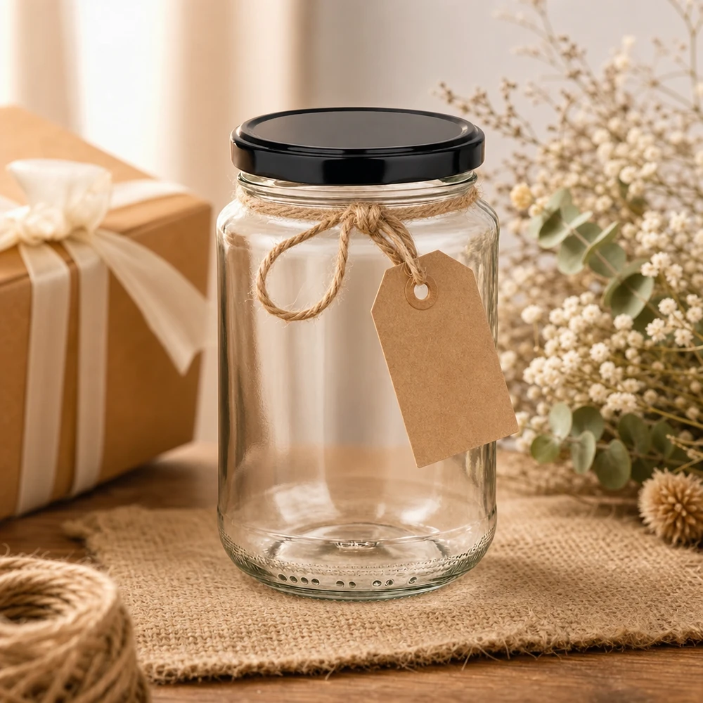 375ml Verre rond avec couvercle BasicSeal noir UNiTWIST Pot rond de 375 ml mis en scène de manière décorative avec un pendentif en papier kraft et une corde de jute comme emballage cadeau Pot de conservation
