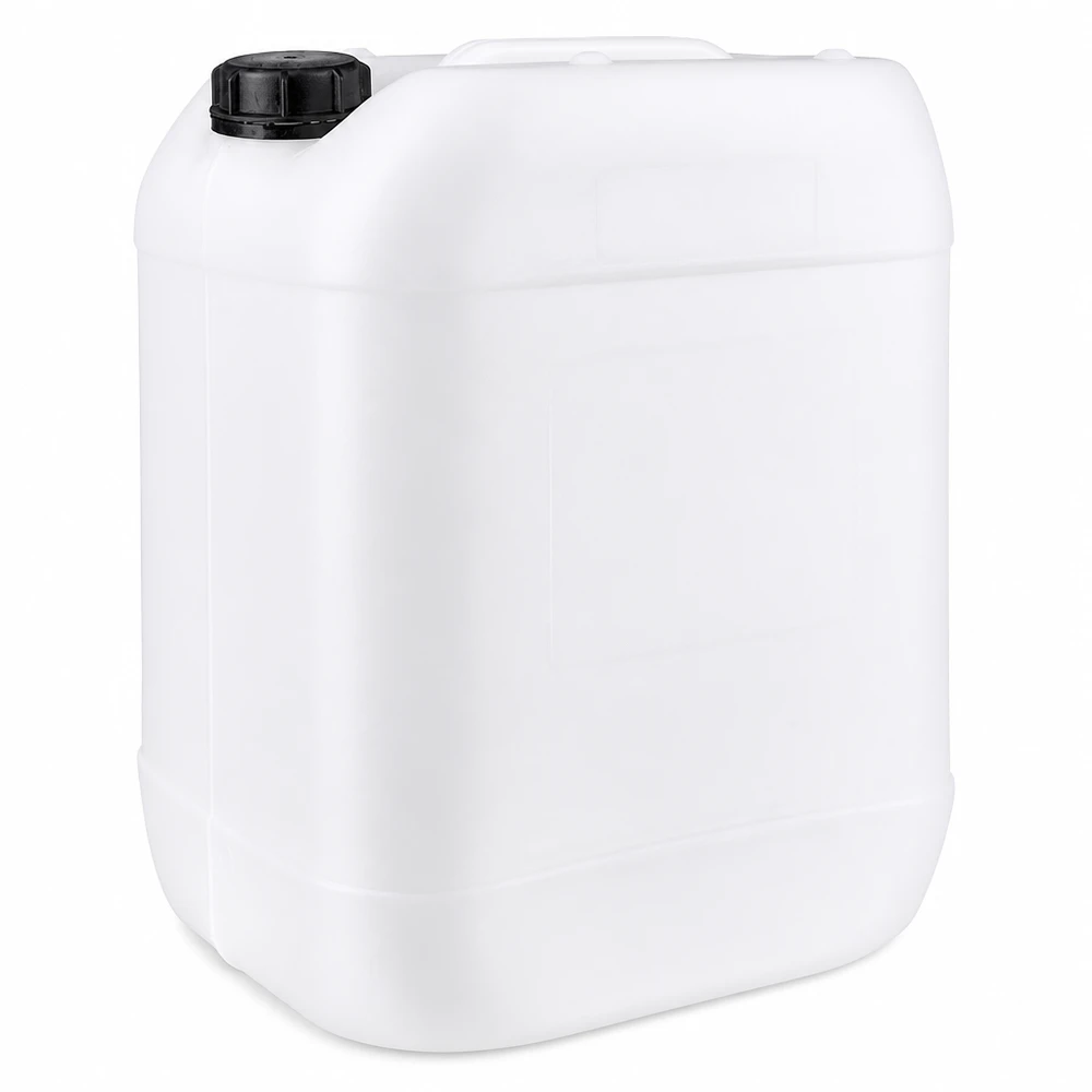 Jerrican de 20 litres avec bouchon à vis Bidon en plastique blanc de 20 litres, muni d'un bouchon à vis noir et d'une poignée de transport