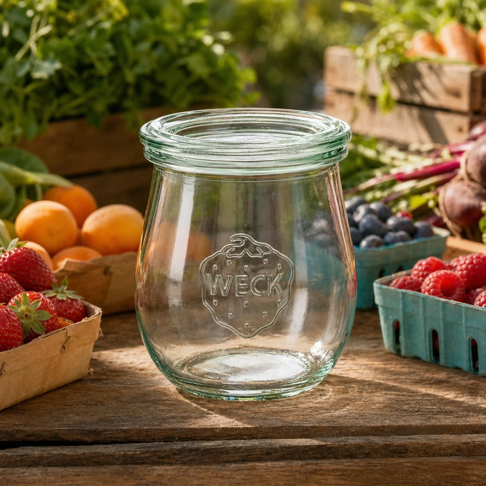 WECK Pot tulipe 220ml RR60 vide sur table en bois entouré de fruits et légumes frais dans un environnement de jardin naturel