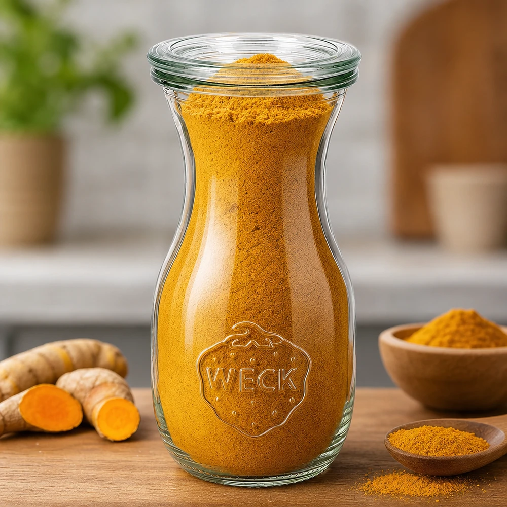 WECK Bouteille de jus 290ml RR60 remplie de poudre de curcuma à côté de racines de curcuma fraîches et de coupes en bois sur la table de cuisine