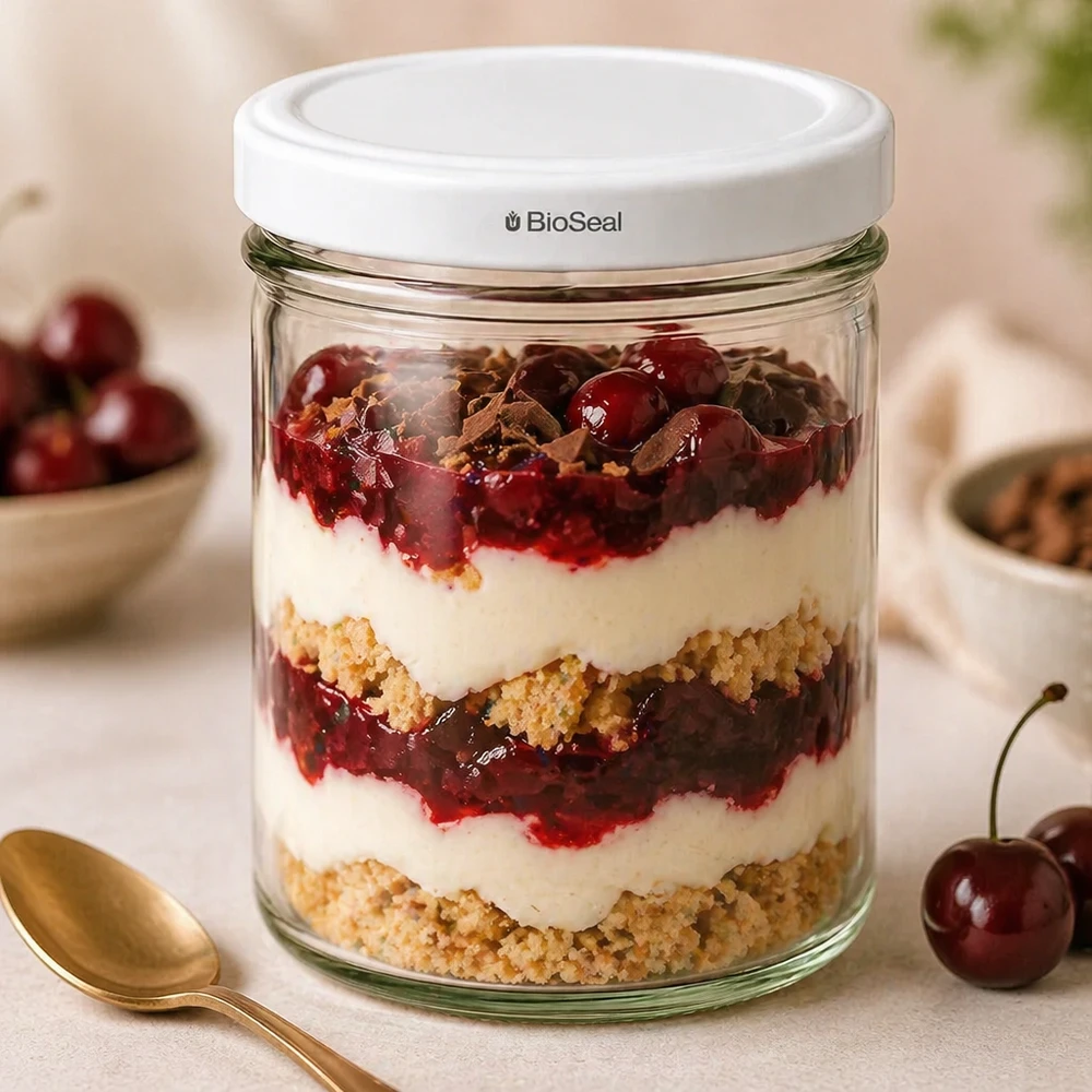 UNiTWIST 167ml Verre à pied avec couvercle BioSeal Dessert stratifié Compote de cerises Crumble Verre à dessert Scène de cuisine cuillère dorée