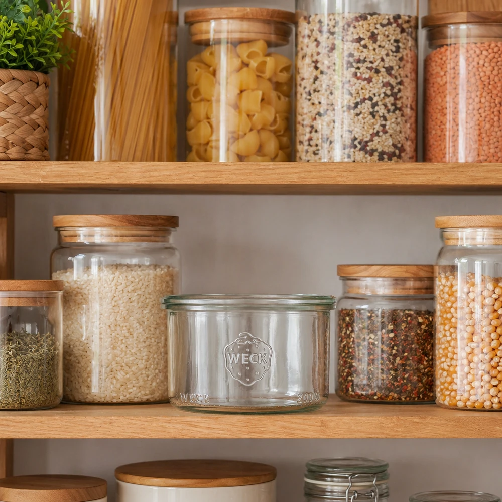Bocal en verre à fond bombé WECK RR80 de 200 ml 200ml WECK Pot renversé RR80 dans une cuisine organisée avec des bocaux de stockage pour les aliments et les épices sur une étagère en bois