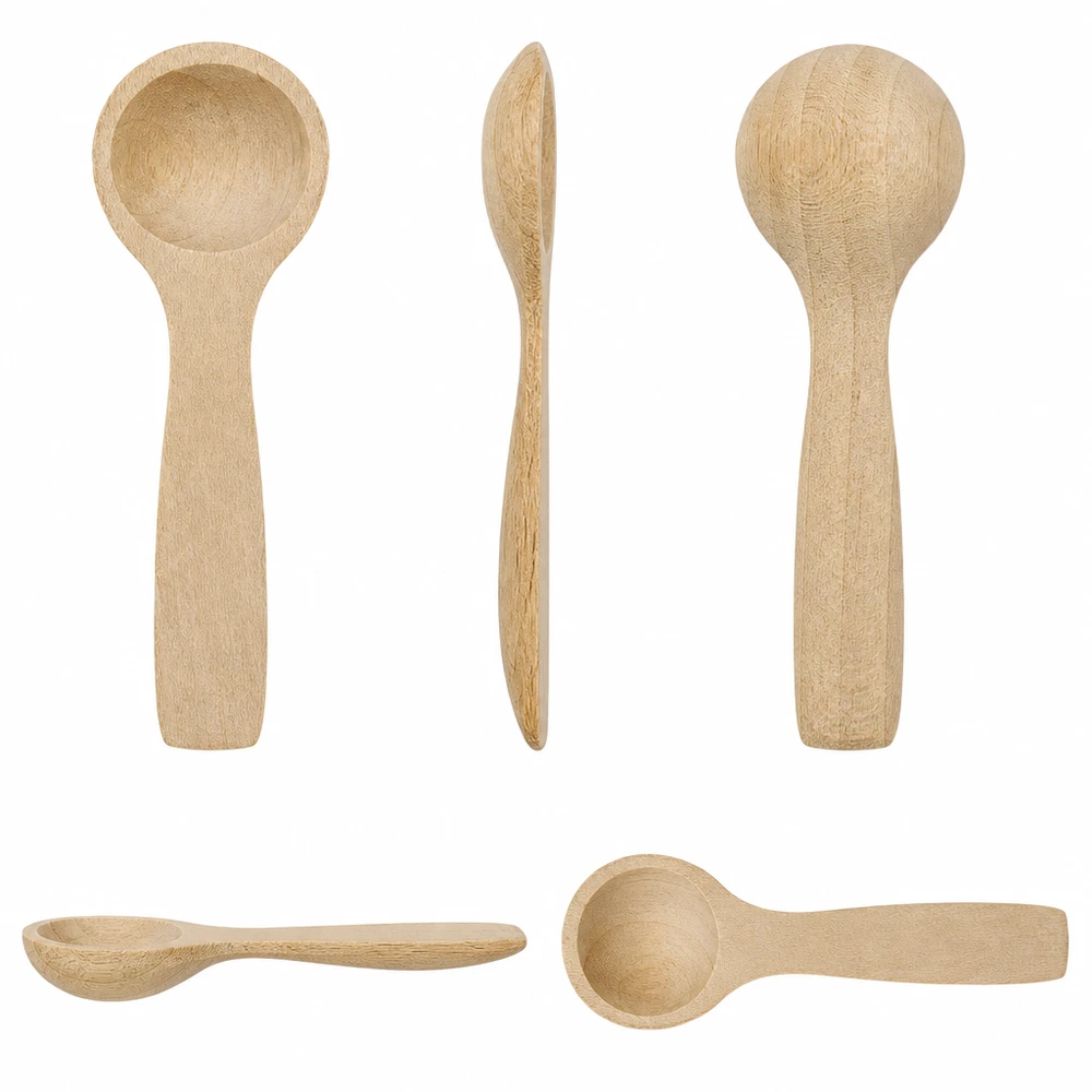 Cinq vues de la petite pelle en bois de 7,7 cm sous différents angles montrent la forme et la finition de la cuillère en bois de hêtre.