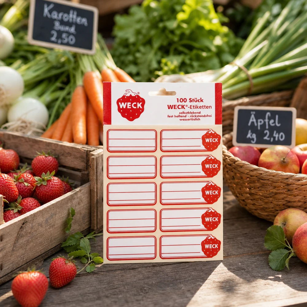WECK Étiquettes 100 pièces Paquet dans l'étal du marché entre les fruits frais Légumes Carottes Fraises Pommes