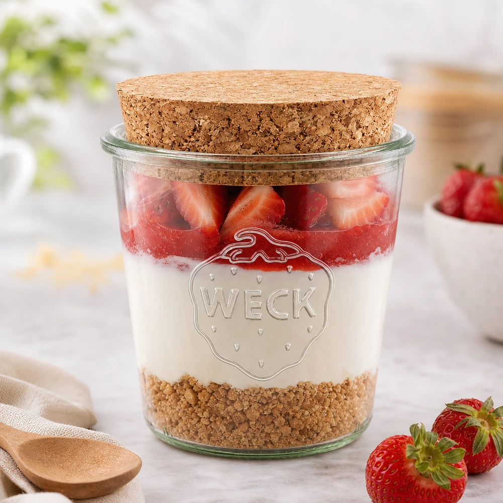 WECK Verre 580ml RR100 avec bouchon comme verre à dessert pour fraises Yaourt Muesli arrangé avec style sur une table blanche