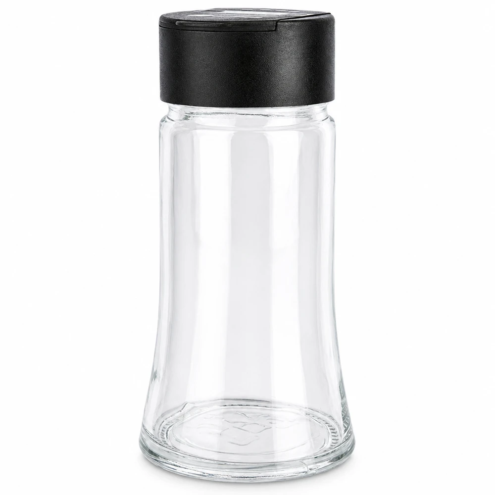 Pot à sel/épices 95 ml avec double saupoudreuse, noir Pot à épices vide de 95 ml en verre transparent avec un couvercle noir en plastique muni d'un double saupoudreur