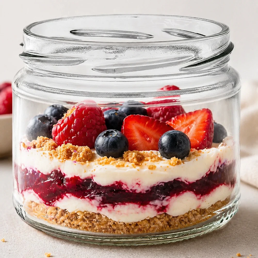 330ml Verre rond sans couvercle (TO82) UNiTWIST UNiTWIST Runda330 Verre rond rempli de dessert multicolore aux baies Dessert stratifié Trifle Baies Crème Fond de biscuit