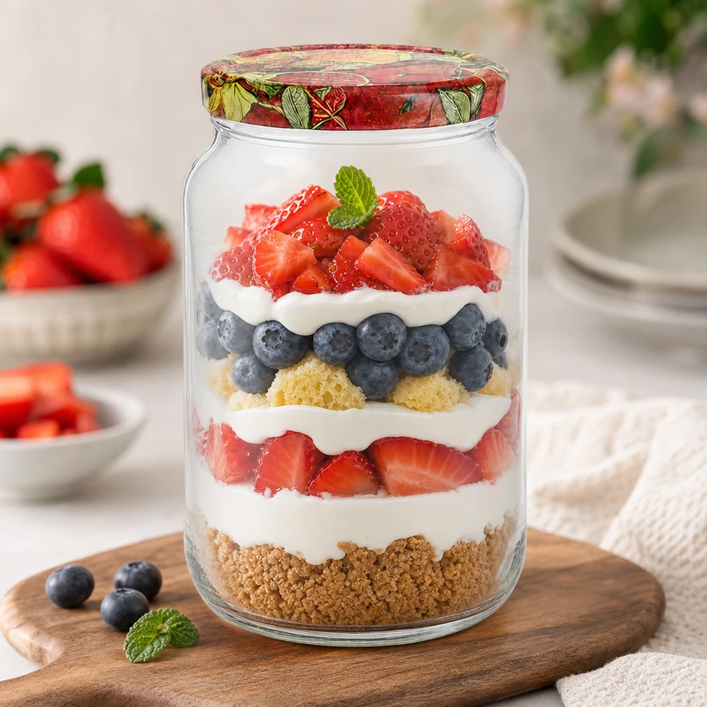1062ml Verre rond avec couvercle BasicSeal décor fruits UNiTWIST 1062ml Verre rond BasicSeal Couvercle Décor Fruits Couche Dessert Baies Crème Fond Biscuit Trifle Dessert Mason Jar
