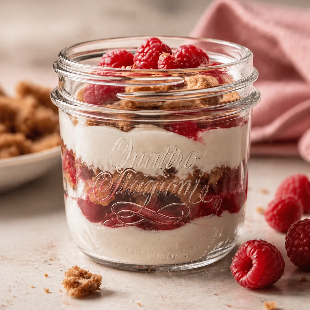 200ml Verre rond "Quattro Stagioni" QS86mm 200ml Quattro Stagioni Pot à bijoux rempli de dessert, framboises et biscuits, pot à conserves transparent pour la cuisine
