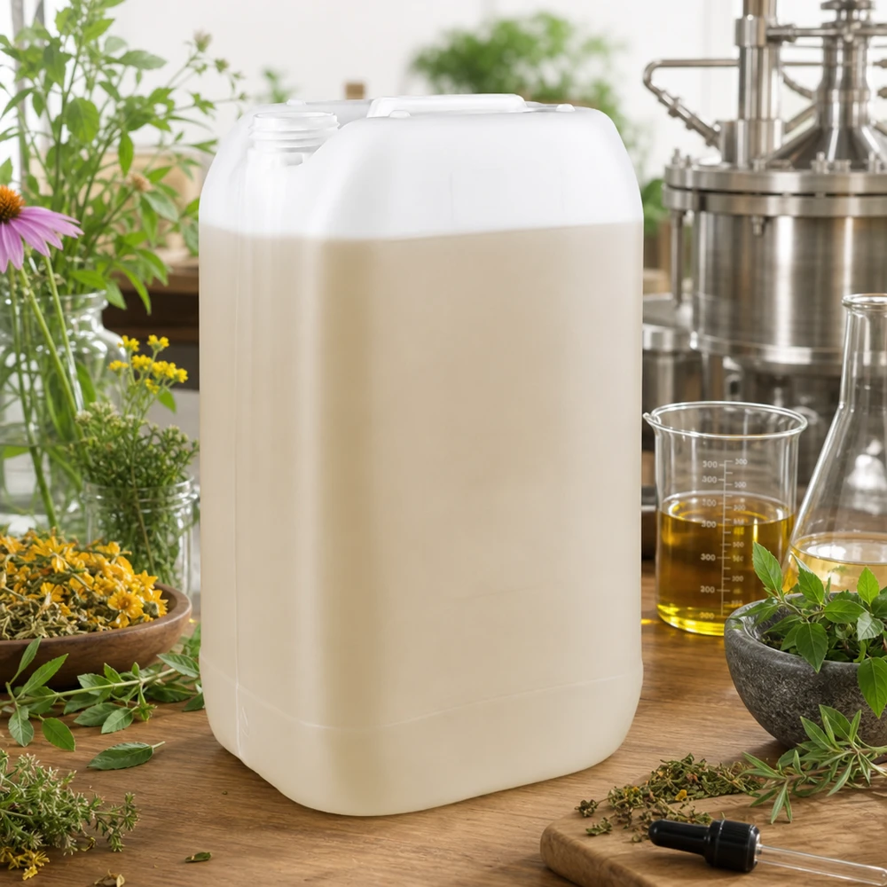 Jerrican de 15 litres sans bouchon Un bidon robuste de 15 litres sans bouchon, entouré d'herbes et d'huiles essentielles dans les cosmétiques naturels