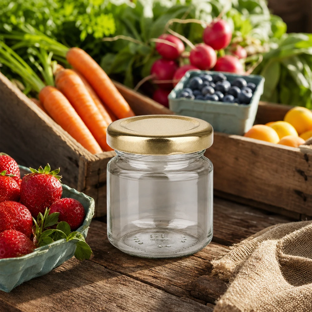 53ml Verre rond avec couvercle BasicSeal or UNiTWIST Verre rond 53ml UNiTWIST avec couvercle doré BasicSeal sur table en bois entouré de fruits et légumes frais