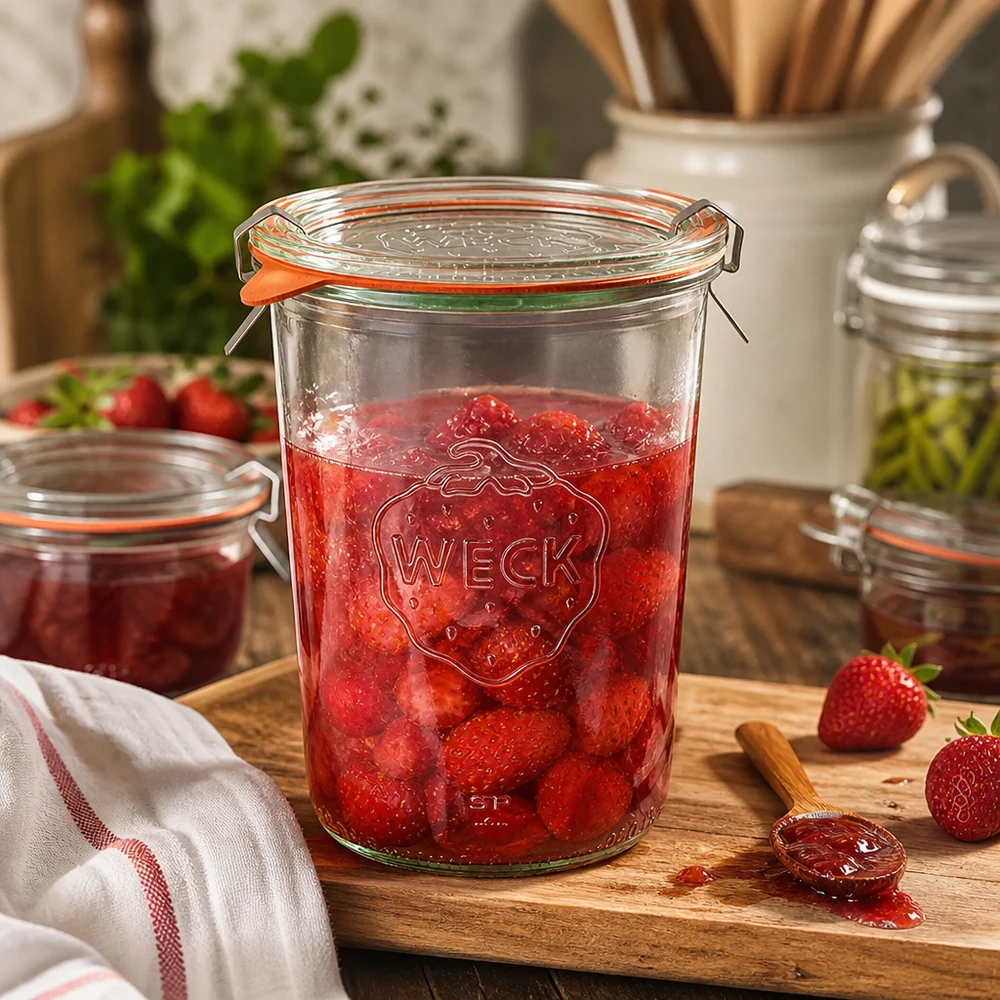 850ml bocal conique complet WECK RR100 WECK Pot de conserve de 850ml rempli de confiture de fraises sur planche en bois dans une cuisine rustique avec des fraises fraîches