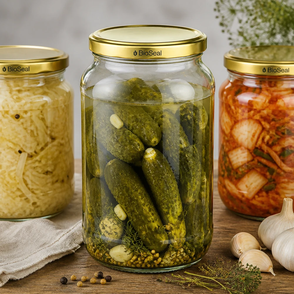 1062ml Verre rond avec couvercle BioSeal or UNiTWIST UNiTWIST Runda1062 Set de bocaux Concombres marinés Kimchi TO82 BioSeal Couvercle aliments fermentés