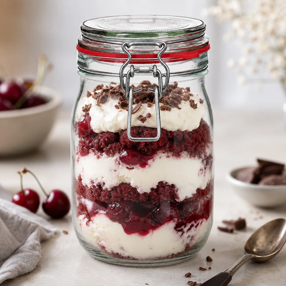 Bocal hermétique de 1140 ml avec fermeture à étrier, parfait pour les desserts en couches et les entremets.