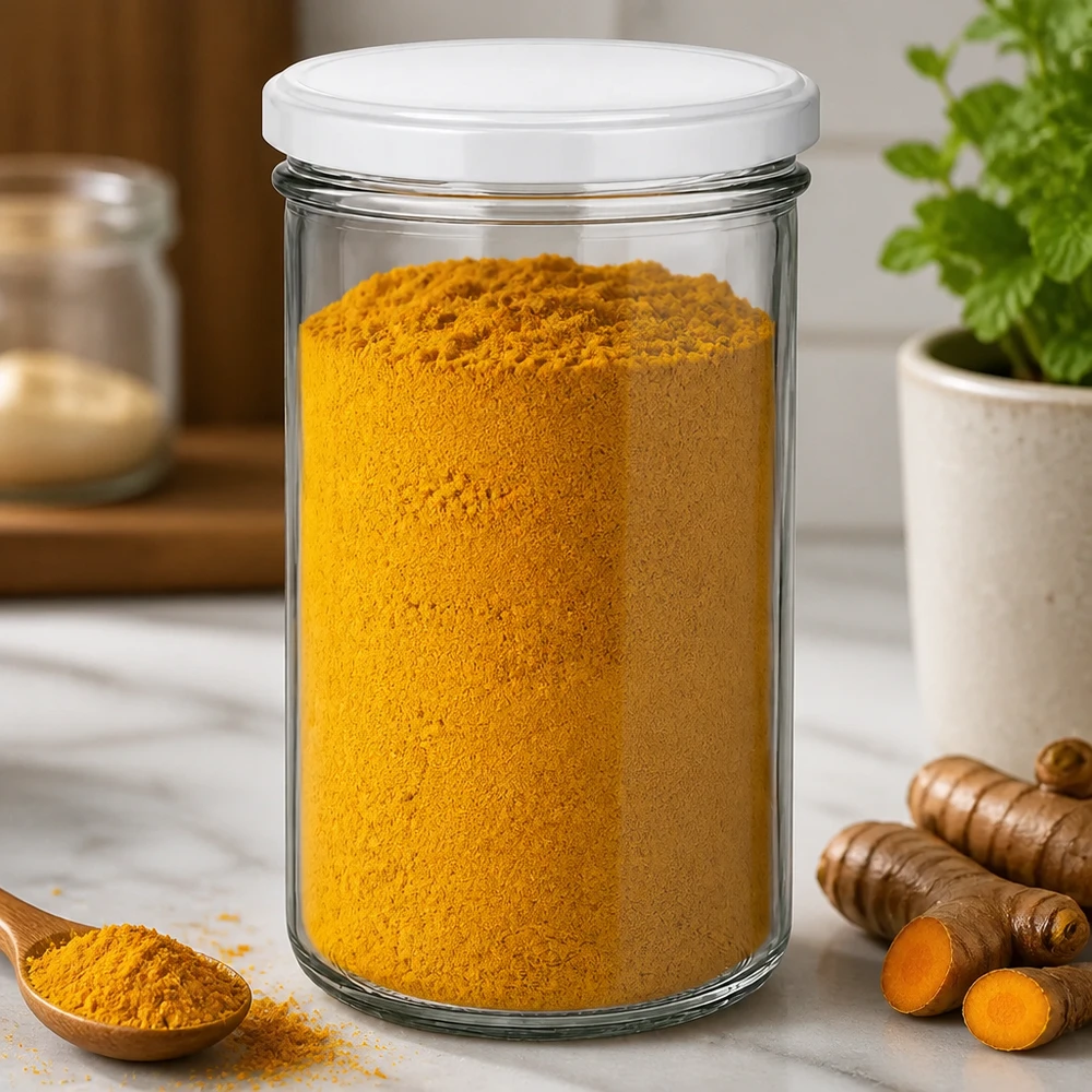 Pot de 277ml rempli de poudre de curcuma - Conservation des épices en bocal avec couvercle blanc BasicSeal