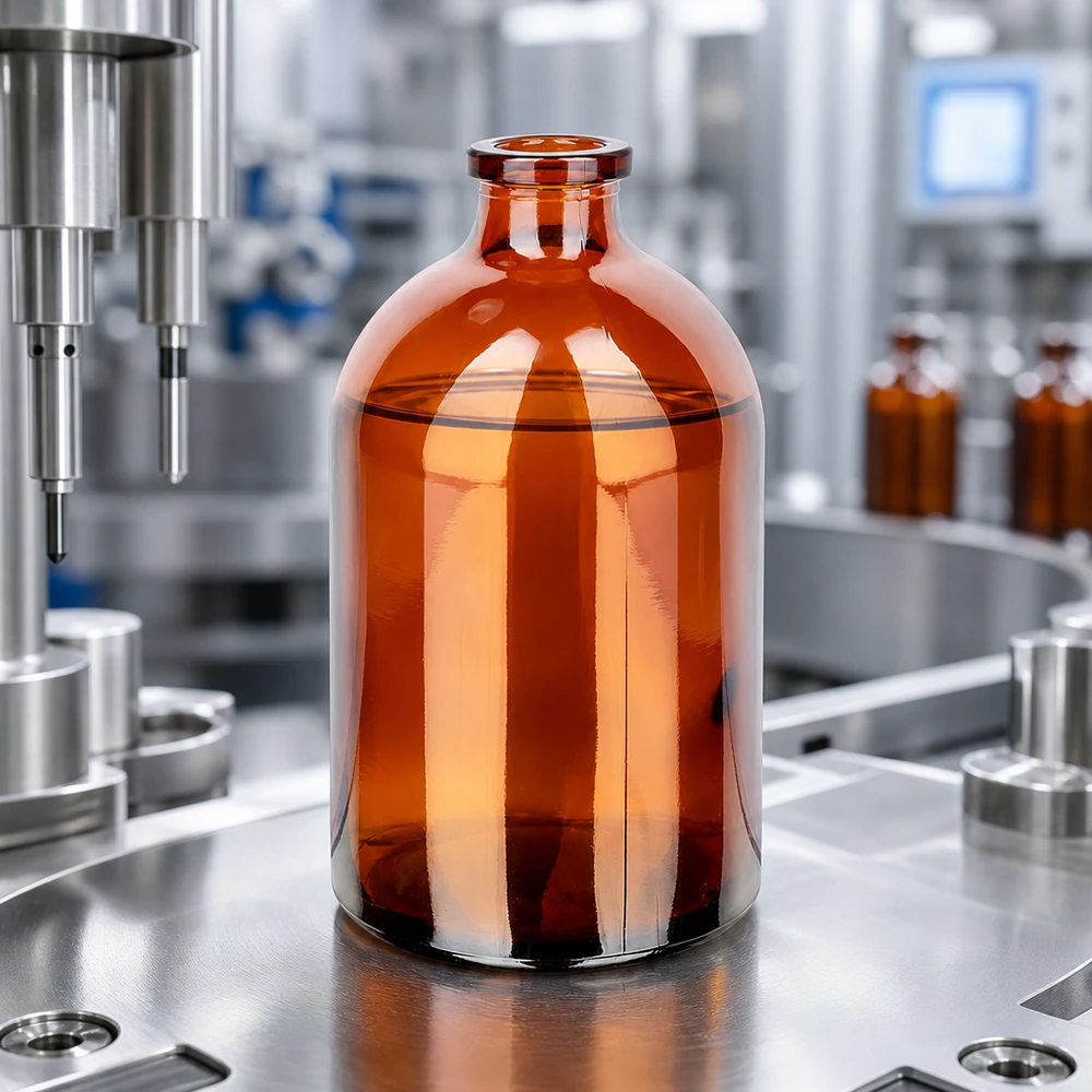 Sterile Injektionsflasche 100ml aus Braunglas auf Edelstahlunterlage neben Abfüllnadel