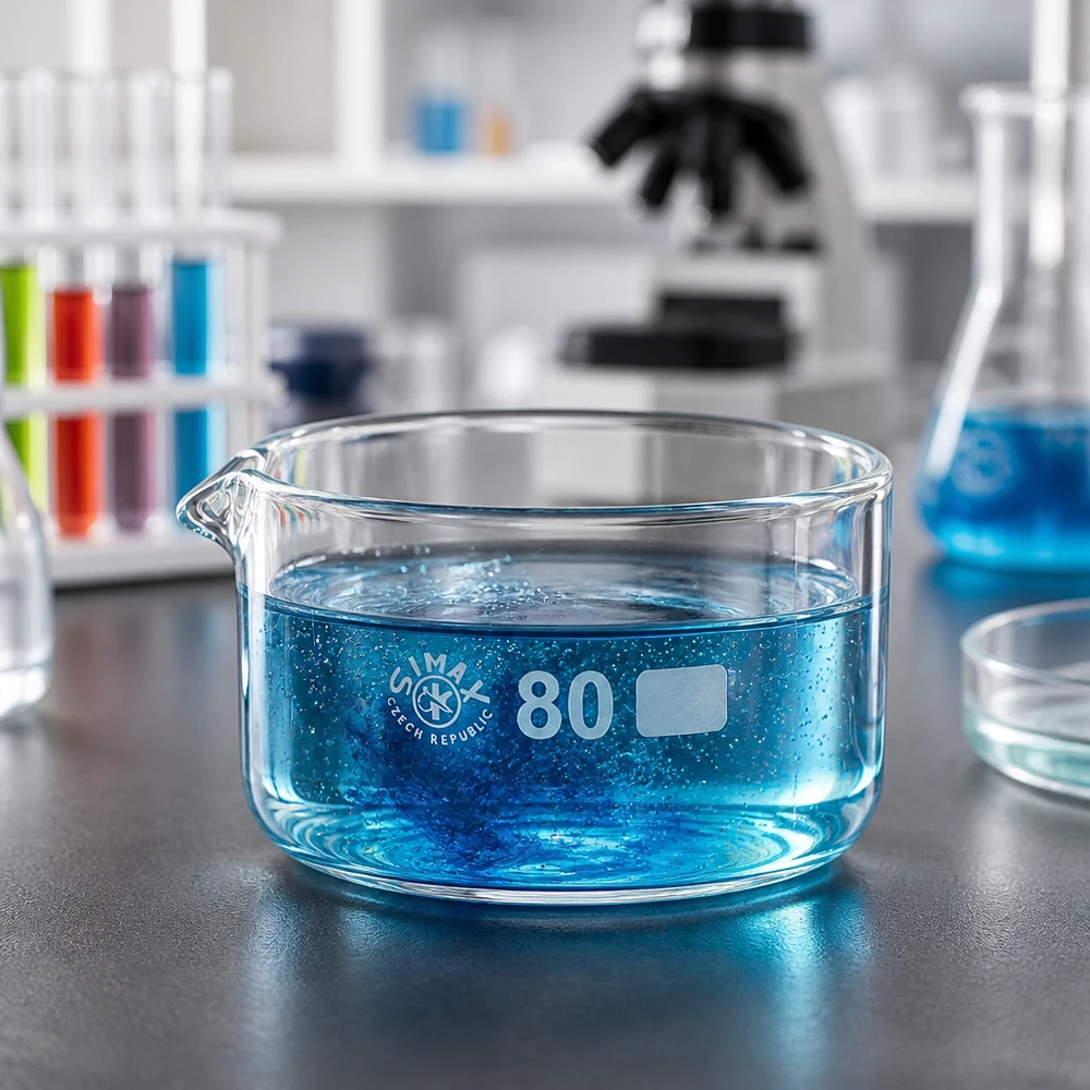 Coupelle de cristallisation 150 ml avec bec verseur Coupelle de cristallisation basse de 150 ml, ø 80 mm, contenant un liquide bleu et dotée d'un bec verseur, en verre borosilicaté