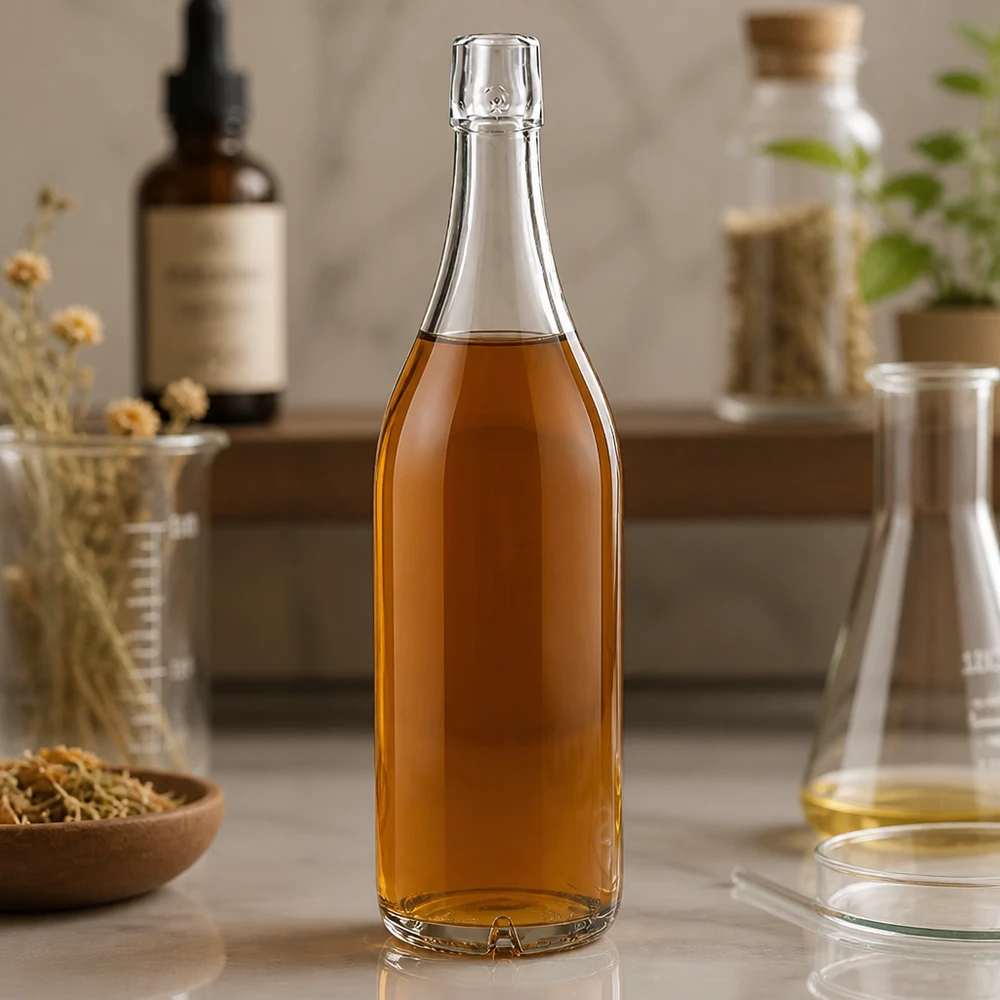 Bouteille en verre 1000ml UNiTWIST avec contenu ambré dans un environnement de cuisine naturel avec des herbes et des bouteilles