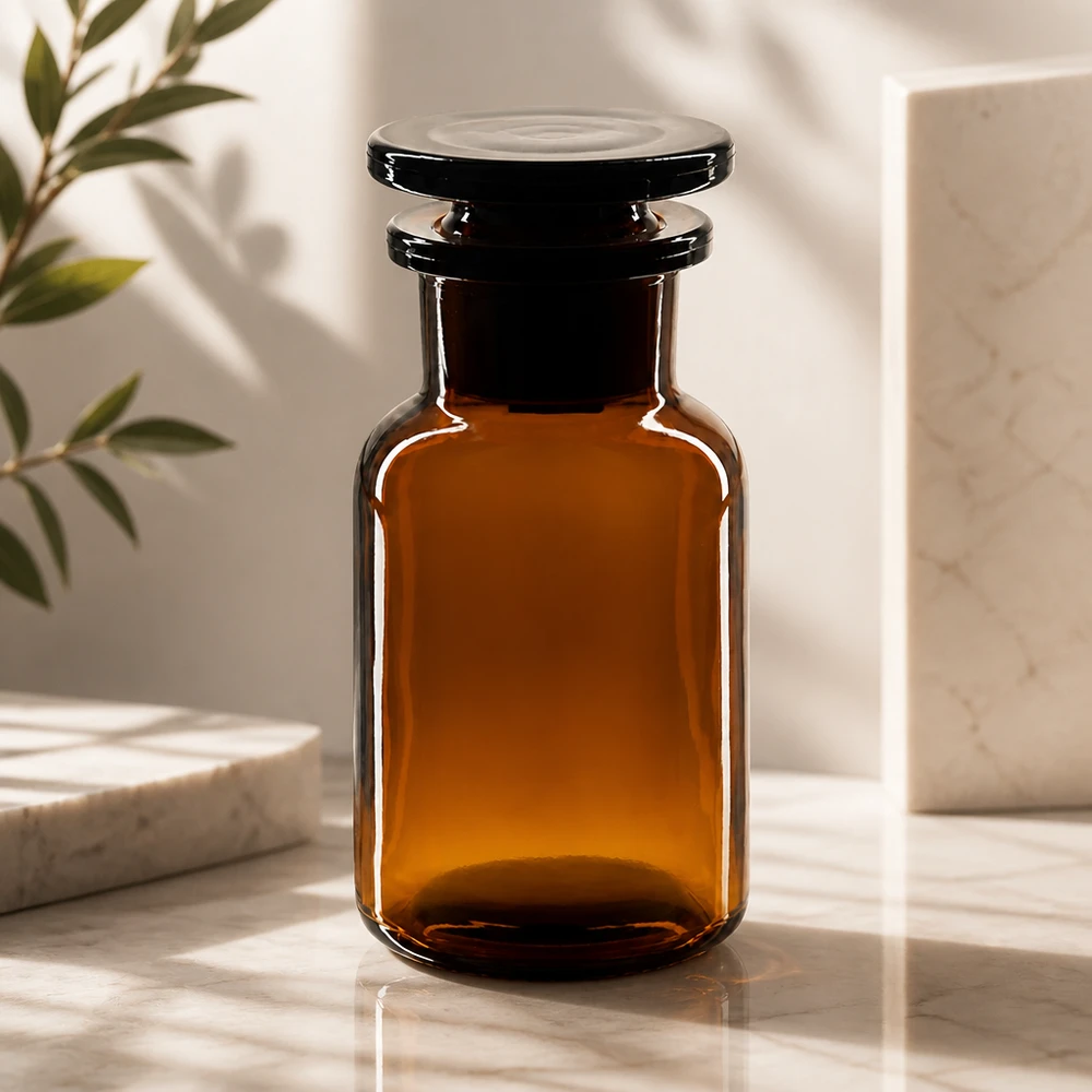 Flacon pharmaceutique 100 ml col large + bouchon verre ambré Flacon en verre brun à épaulement arrondi, 100 ml, à col large, avec bouchon en verre, protection contre les UV, à conserver à l'abri de la lumière
