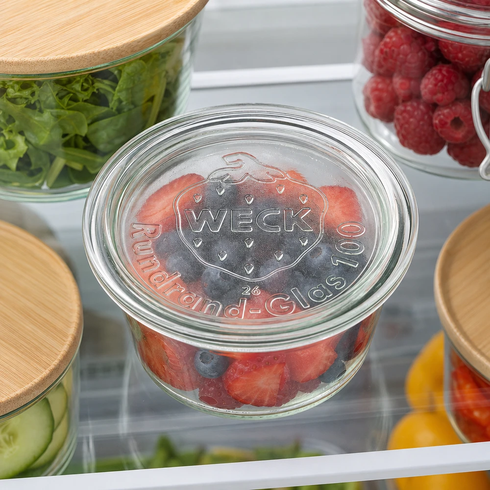 WECK Couvercle en verre RR100 au réfrigérateur avec des baies et des légumes frais stockés dans des bocaux de conservation