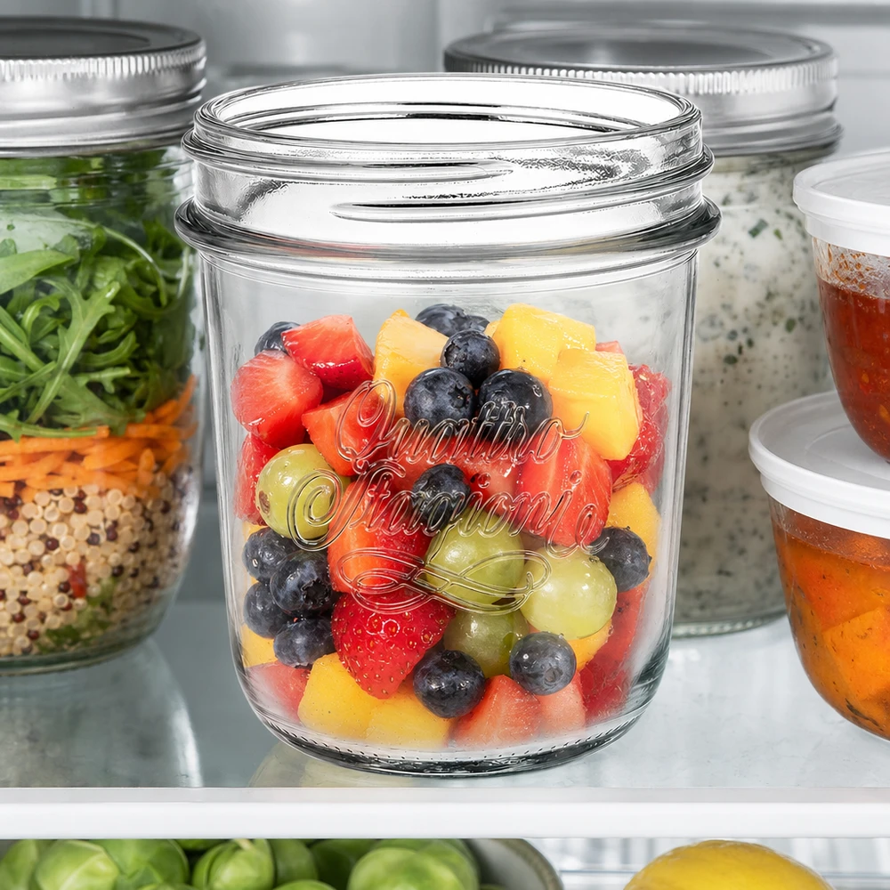 320ml Verre à pied 'Quattro Stagioni' QS86mm 320ml pot renversé Quattro Stagioni avec salade de fruits multicolore dans le réfrigérateur, bocal pour Meal Prep et conservation des provisions