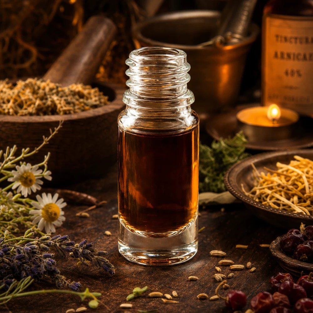 Bouteille de pharmacie de 5ml ApoGlas entre des herbes médicinales et des fleurs de camomille dans un décor chaleureux de médecine naturelle