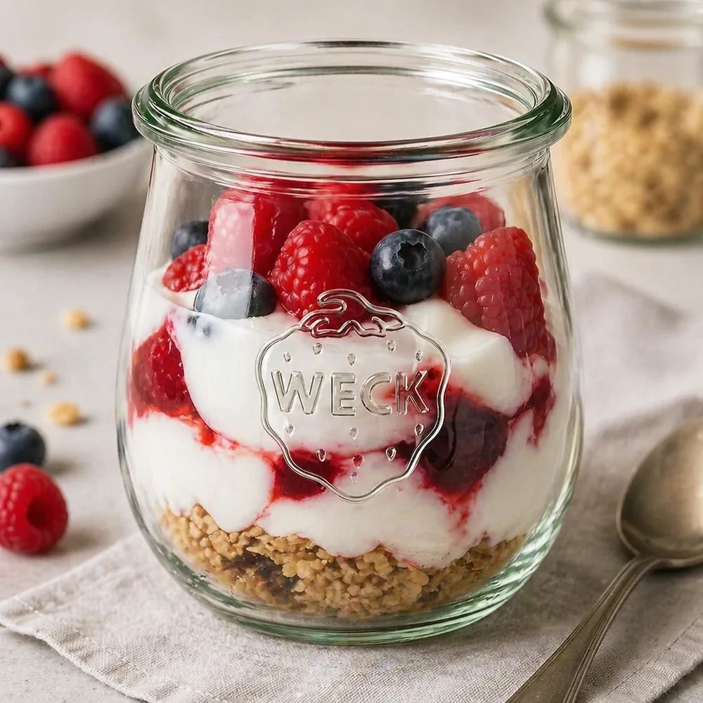 220ml bocal tulipe WECK RR60 WECK Verre tulipe 220ml RR60 comme verre à dessert avec baies de yaourt et granola pour une portion et une présentation parfaites