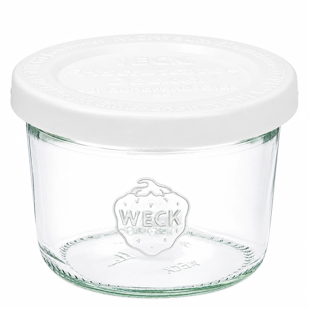 Bocal en verre de 80 ml avec couvercle hermétique WECK RR60 Bocal WECK de 80 ml avec couvercle blanc RR60 en verre transparent avec logo WECK pour la mise en conserve et la conservation.