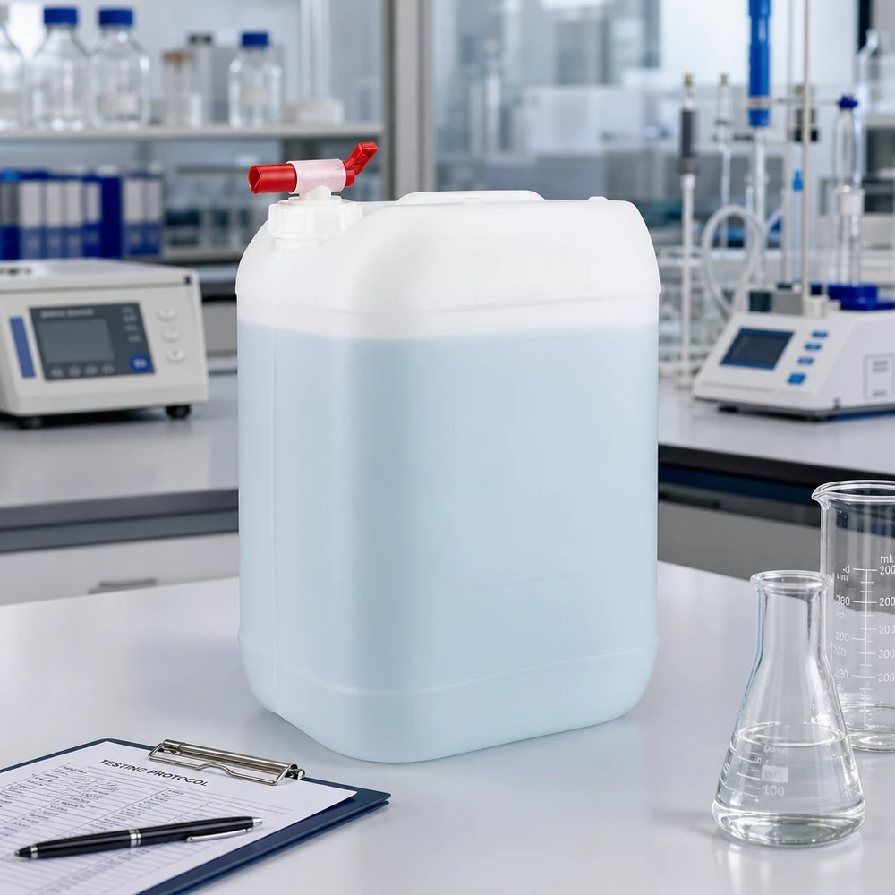 Jerrican de 25 litres avec robinet Bidon bleu clair de 25 litres muni d'un robinet rouge, posé sur une paillasse blanche à côté d'un ballon d'Erlenmeyer