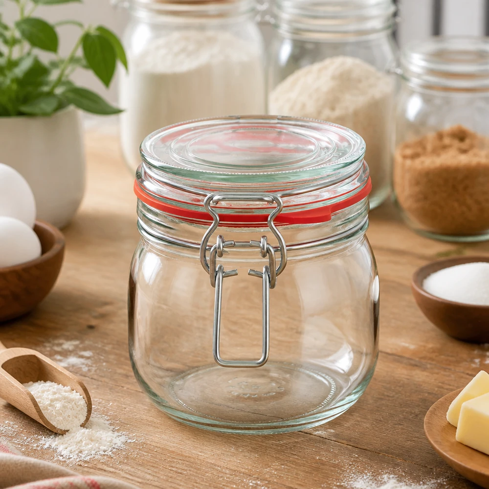 Bocal de conservation de 634 ml, type G, avec bouchon à clip UN.. Bocal transparent de 634 ml avec couvercle à charnière, idéal pour la farine, le sucre et les ingrédients de boulangerie.