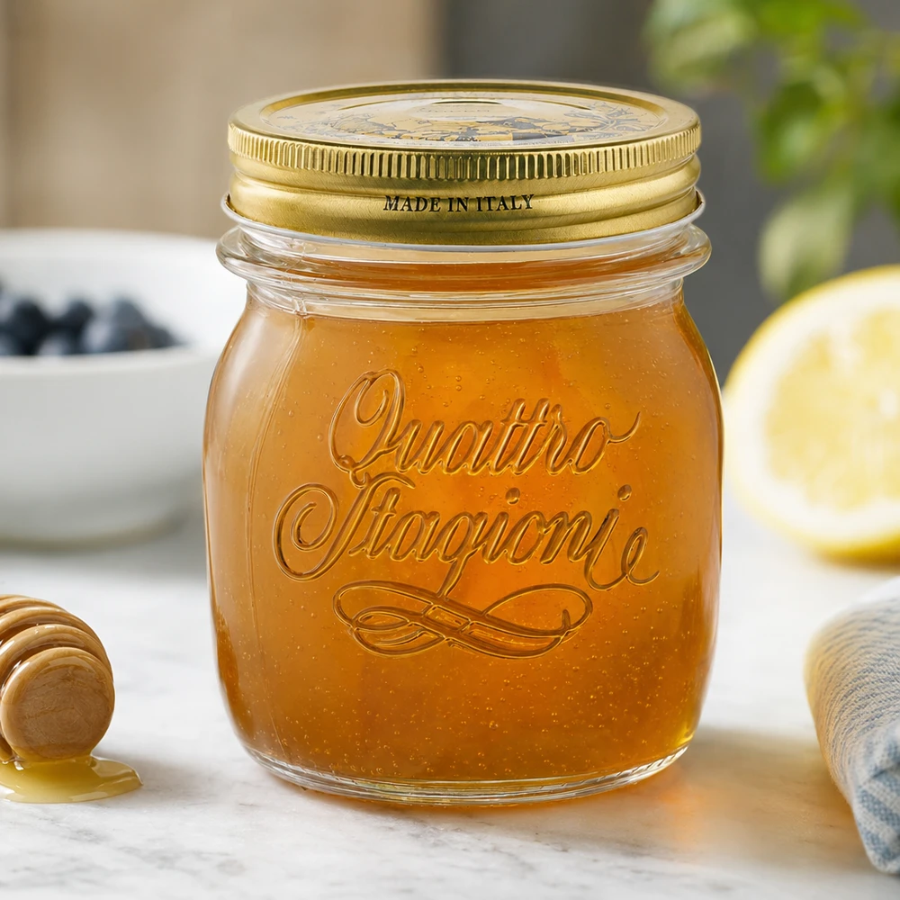 250ml pot rond Quattro Stagioni avec couvercle doré rempli de miel sur comptoir de cuisine Made in Italy
