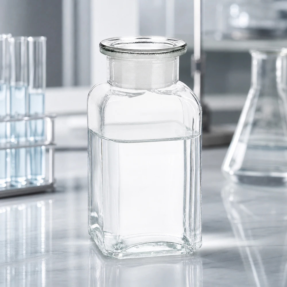 Flacon carré col large 100 ml + bouchon RIN, verre clair Flacon carré vide de 100 ml, transparent, muni d'un bouchon en verre, posé sur une paillasse de laboratoire blanche, entre des tubes à essai