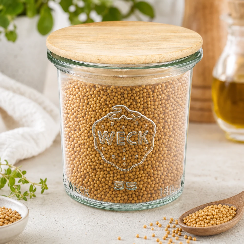 140ml bocal conique WECK RR60 avec couvercle en bois WECK Pot renversé 140ml RR60 rempli de fèves de soja montre une utilisation polyvalente pour les légumineuses et les épices