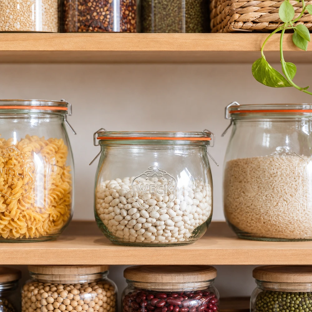 370ml bocal tulipe complet WECK RR80 WECK Pot tulipe 370ml RR80 pour l'organisation de la cuisine avec des haricots blancs entre les pâtes et le riz dans l'étagère à provisions