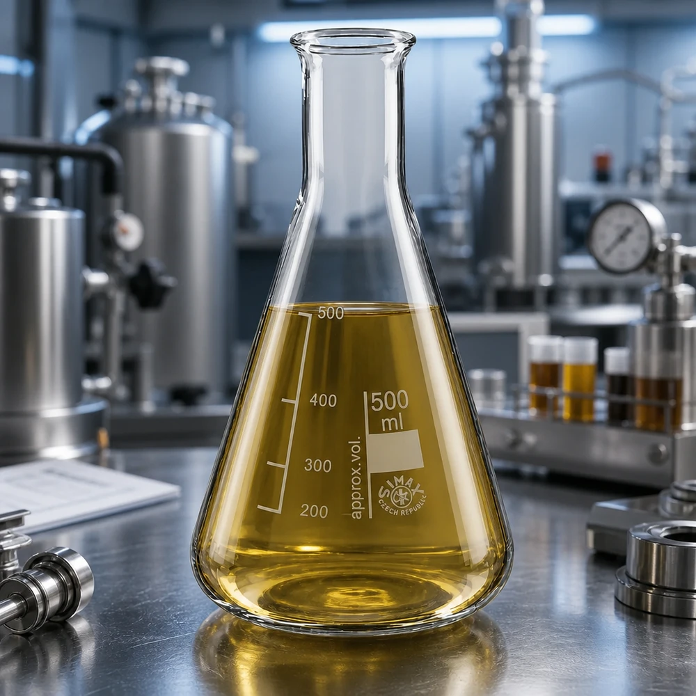 Fiole scientifique Erlenmeyer 500ml en verre transparent avec substance d'essai jaune d'or