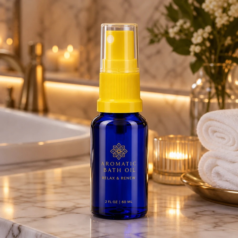 Flacon en verre d'apothicaire bleu de 10 ml avec protection UV et vaporisateur à pompe jaune, idéal pour les huiles de bain et l'aromathérapie