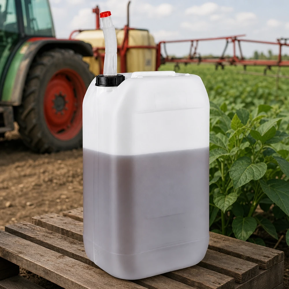 Bidon 15 litres avec tuyau d'écoulement Flex Bidon agricole de 15 litres avec bec verseur flexible, posé sur une palette en bois devant un tracteur et un pulvérisateur agricole