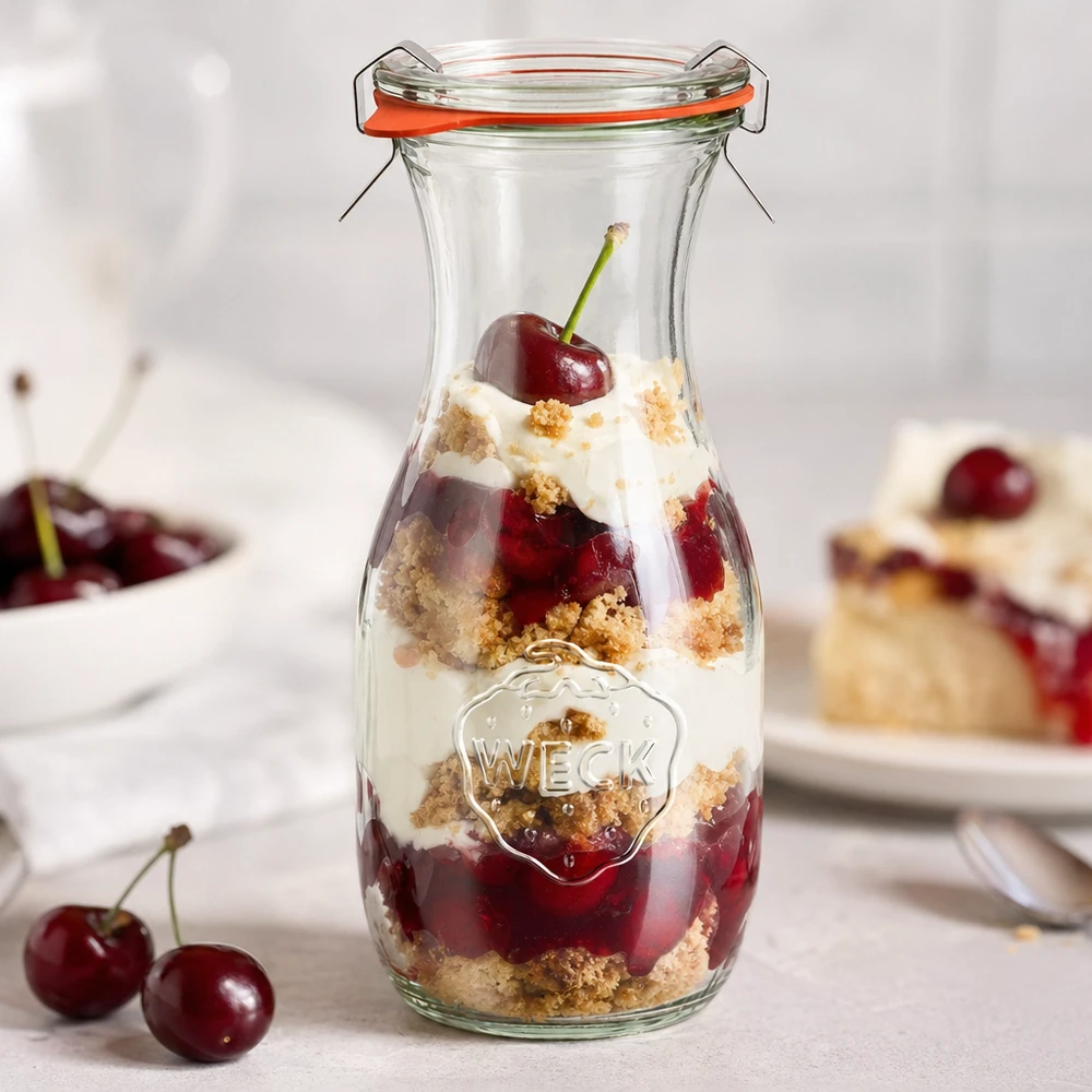 WECK Bouteille de jus de 530ml RR60 comme verre à dessert avec des couches de dessert au kirsch et de la crème remplie à côté de cerises fraîches