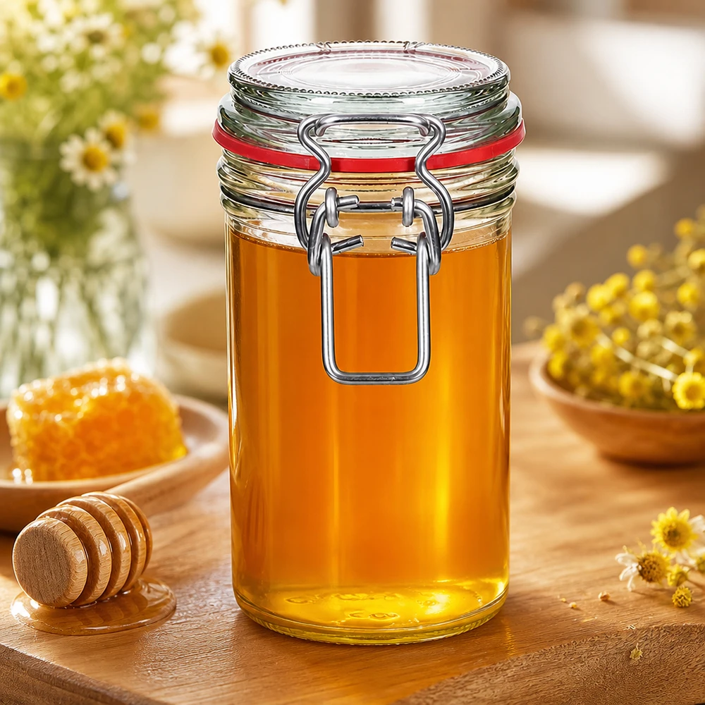 Pot à provisions de 272 ml avec fermeture à étrier rempli de miel sur une table en bois à côté d'une cuillère à miel et de rayons de miel