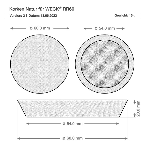 290ml Bouteille à jus de fruits WECK RR60 avec bouchon nature Dessin technique Bouchon naturel pour WECK RR60 verre avec dimensions 60mm diamètre 15g poids Spécification du produit