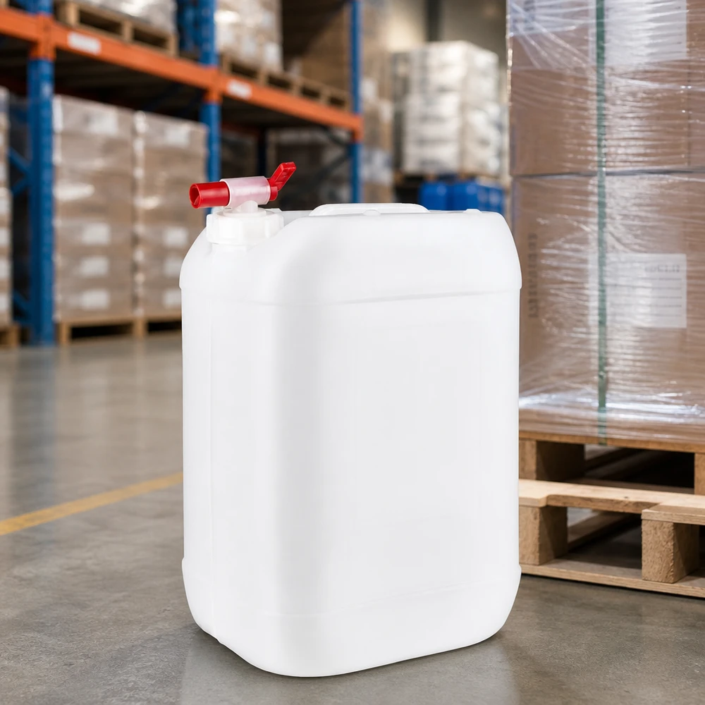 Bidon de 25 litres adapté au contact alimentaire, muni d'un robinet à boisseau sphérique rouge, posé sur le sol en béton de l'entrepôt