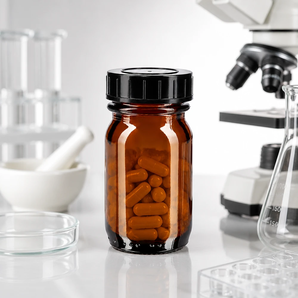 Flacons compacts en verre brun de 30ml à large ouverture, idéaux pour les applications de laboratoire